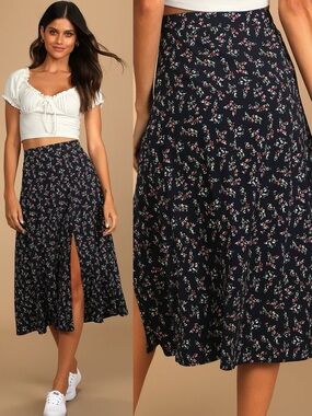 NWT Lulu’s Bliss Me Navy Blue Floral Print Midi Skirt Small Cottagecore 1547316